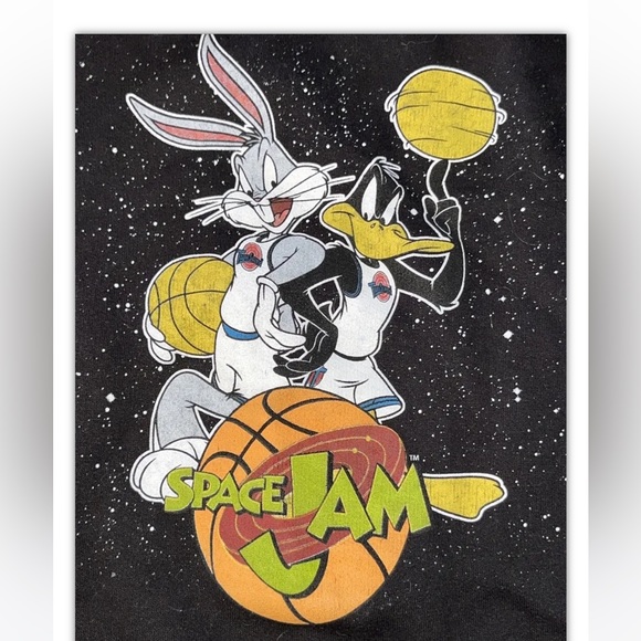 Space Jam black hoodie Looney Tunes Pullover Sweatshirt Bugs Bunny Daffy Duck M - Picture 2 of 6